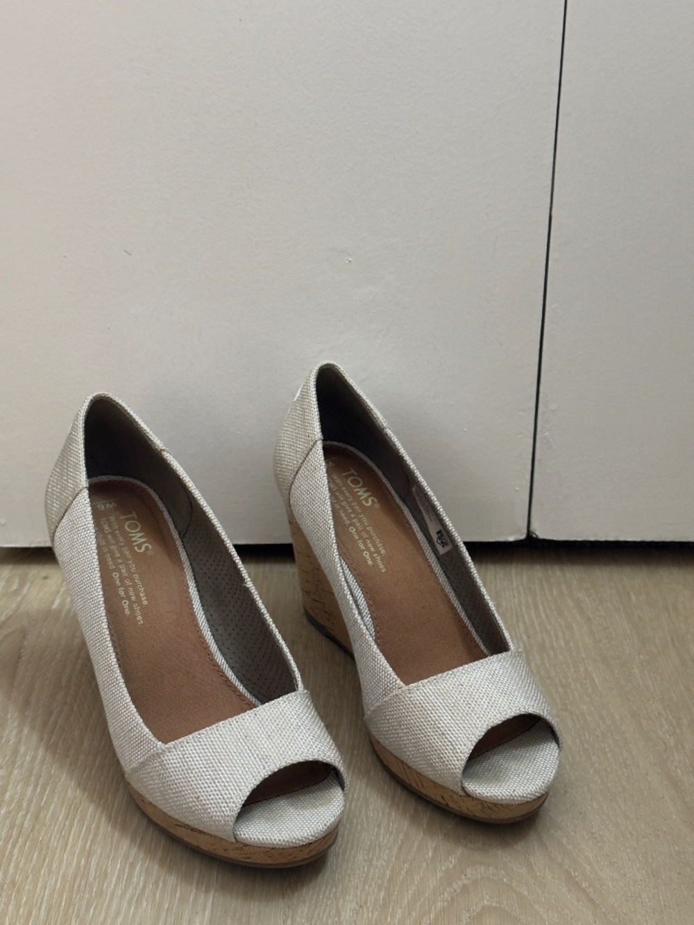 TOMS Beige Woven Peep Toe Cork Wedge Heels